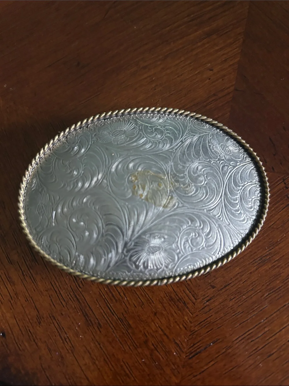 Silver and Gold Oval Decorative Belt Buckle - Embossed Scroll Design